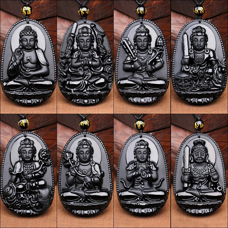

JoursNeige Natural Obsidian Pendant Eight Guardian Twelve Zodiac Natal Buddha Amulet Lucky Necklace Opening For Women Men