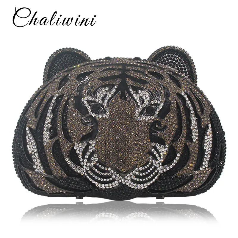 Роскошная металлическая вечерняя сумочка клатч с изображением головы тигра