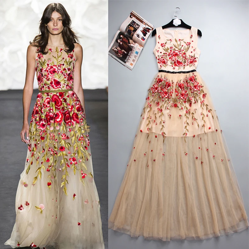 Новое Лето Взлетно-Посадочной Полосы Женщины Sexy Кружева Dress Вышивка Цветок