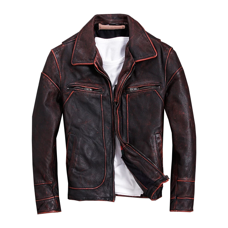 FREE SHIPPING 2019 Genuine Cowhide Autumn Leather Coat Vintage Red Brown Men American Casual Style Jacket Plus Size 5XL | Мужская одежда