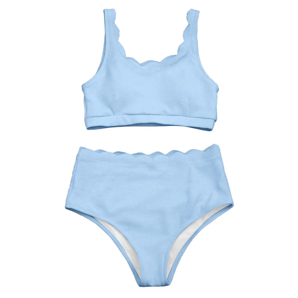 Женский купальник с высокой талией ZAFUL волнистый бикини однотонный пляжный