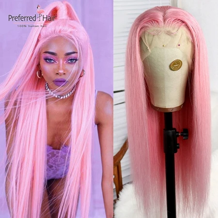Pink Color Парик из натуральных волос, светильник из натуральных волос, цвет синий, розовый, парик из натуральных волос для женщин - Цвет: Pink Color