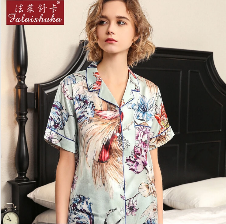 Silk Pajama Sets Shorts Sexy Two Piece Set Woman Flower Print 2019 Summer 100% Silk StainPajama Set Pant Sleepwear Homewear2XL