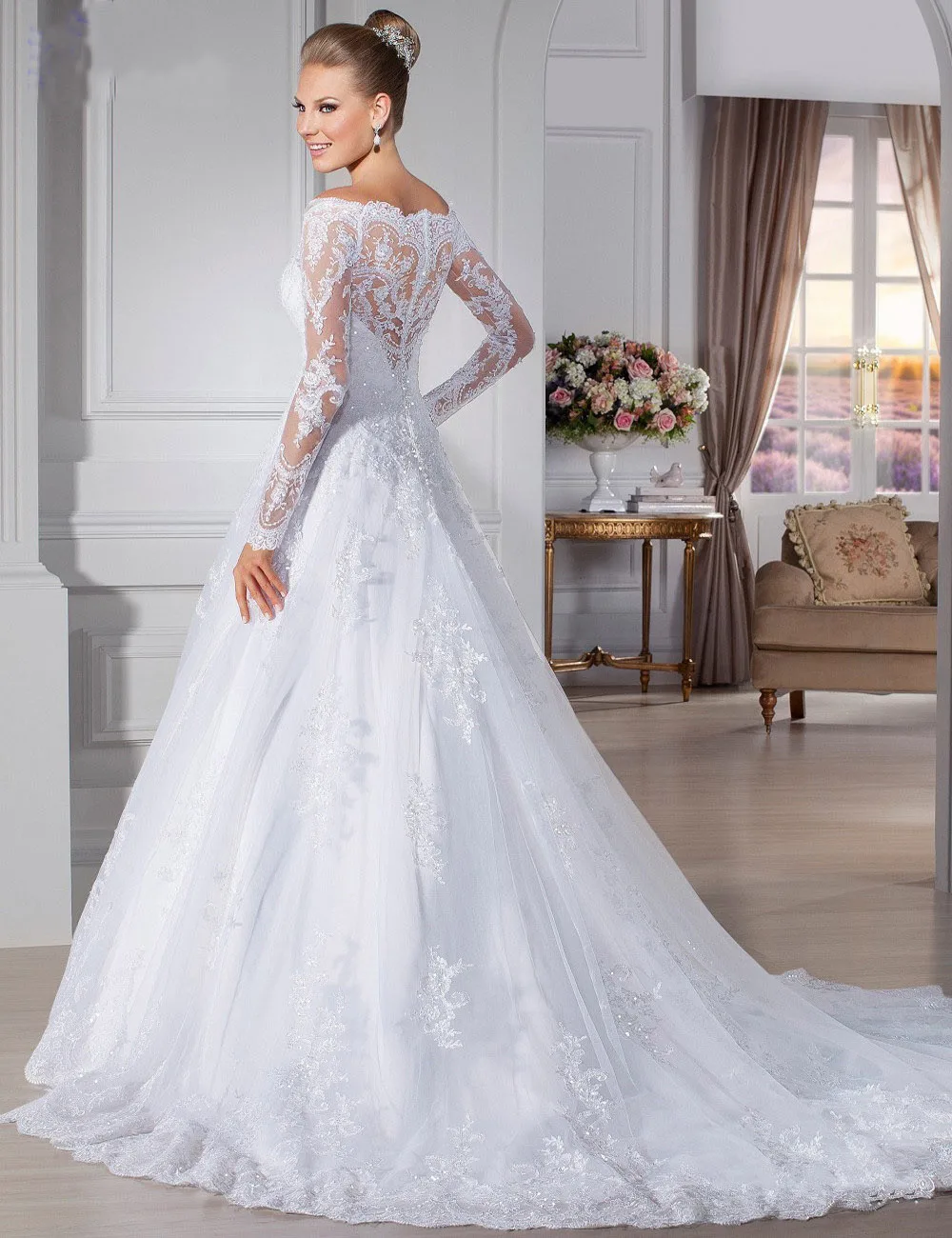 Vestidos де noiva 2017 Свадебное Платье Кружева Лодка Шеи Squined Аппликации Бальное платье