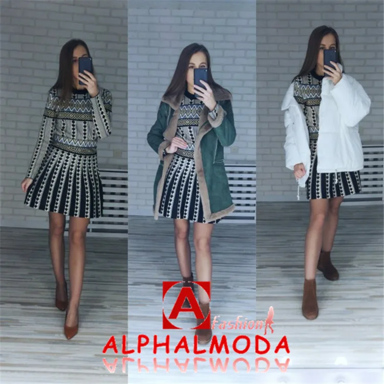 ALPHALMODA осень геометрический принт OL Повседневный свитер юбка костюм пуловер вязаный жакет+ юбка женский модный зимний комплект