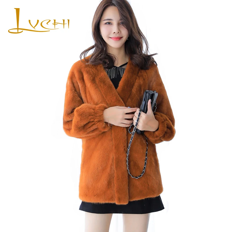 

LVCHI Winter 2019 Import Swan Velvet Real Mink Fur Coat Natural Fur Causal Women's V-Neck Medium Loss Tight Sleeve Mink Coats