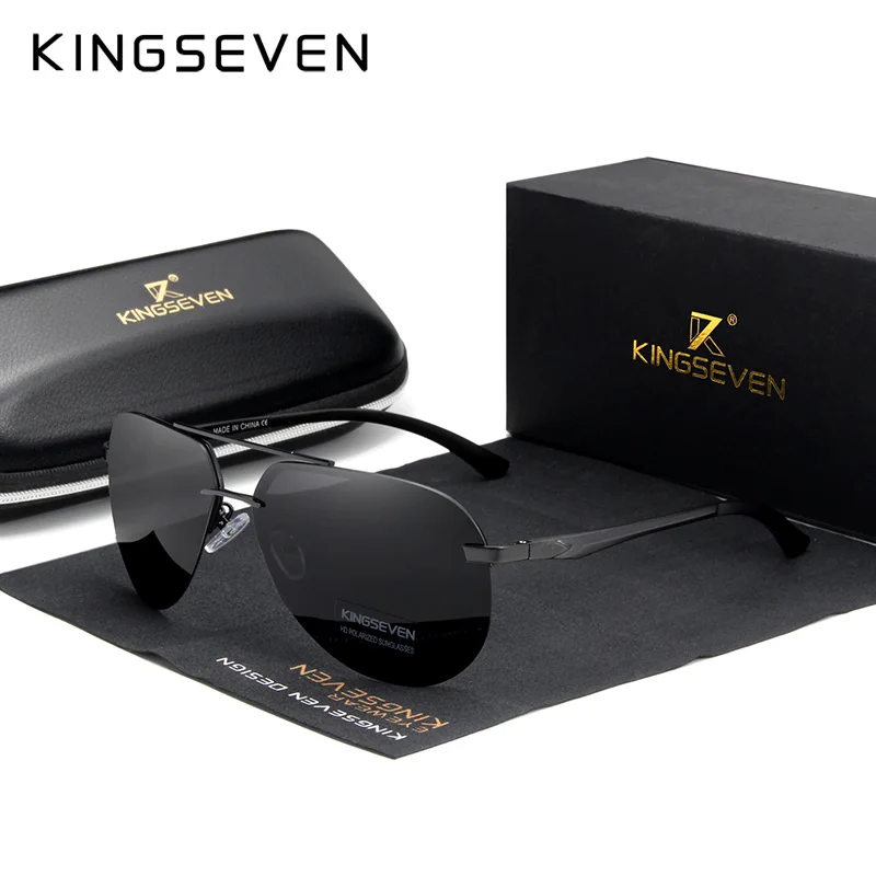 KINGSEVEN алюминиево-магниевые поляризованные солнцезащитные очки без оправы для мужчин, ретро очки высокой четкости Oculos de sol - Цвет линз: BLACK BLACK