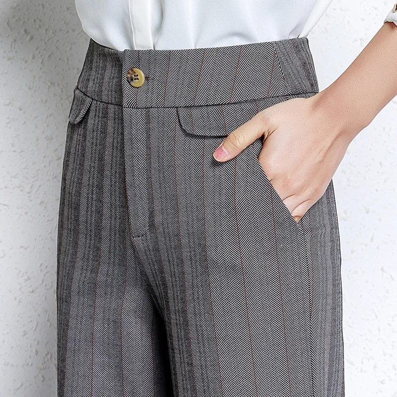 

2019 New Korean Women's Striped Wide Leg Pants OL High Waist Office Lady Full Length Flat Fashion Trousers Thin Style For Summer