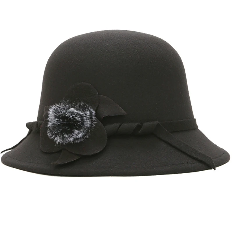 

HT1830 New Autumn Winter Hats for Women Ladies Wool Felt Hats Casual Flower Fur Ball Formal Fedoras Female Bucket Bowler Hat