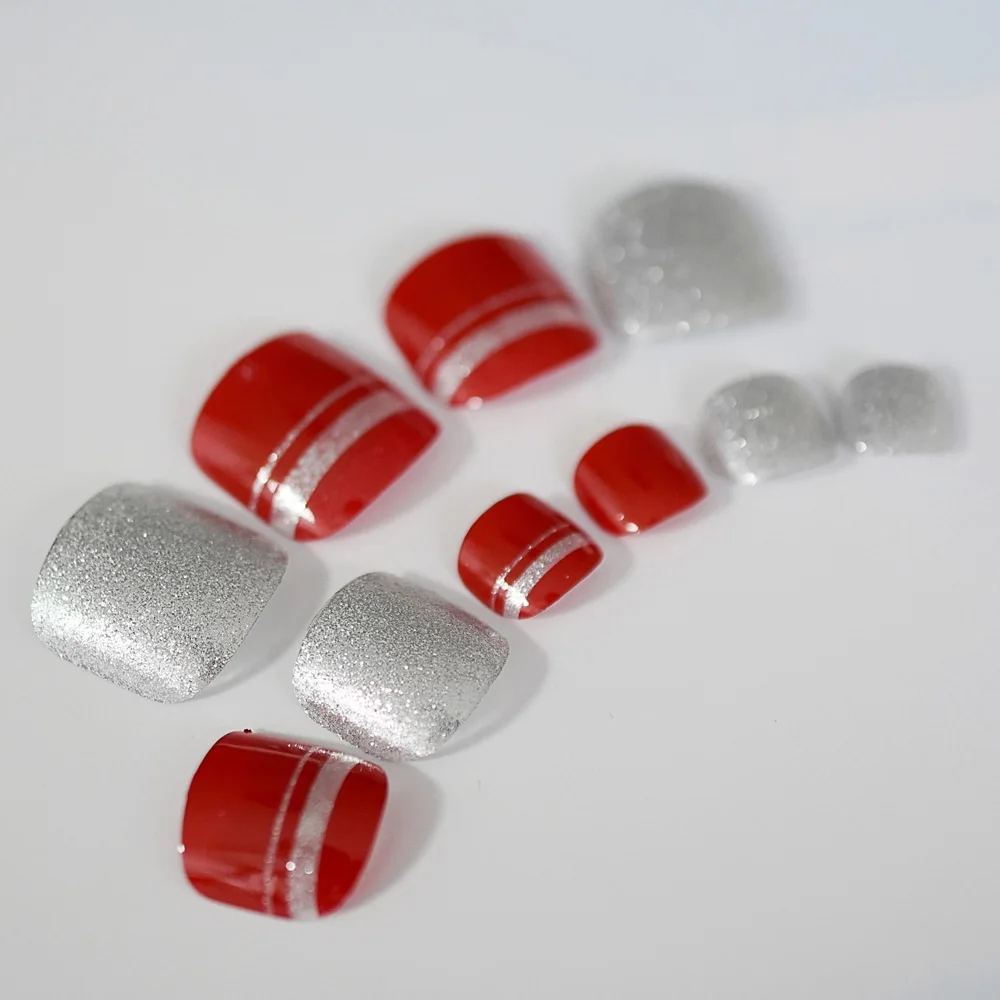 Блестящие серебряные блестящие французские накладные ногти на ногах нажмите