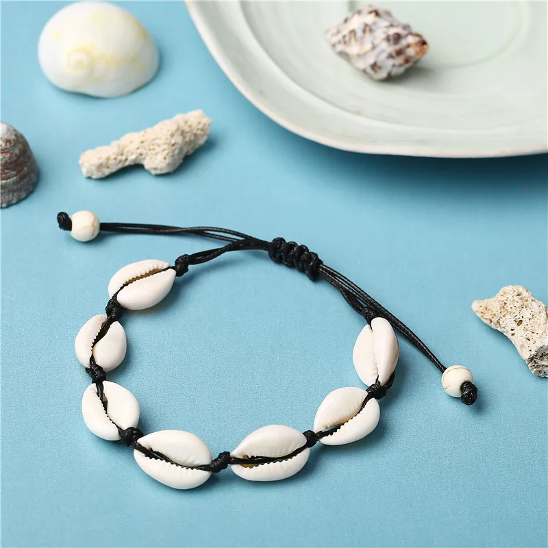 Женский браслет с подвеской в виде морской раковины регулируемый плетеный на