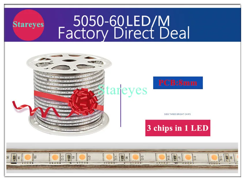 50 рулонов 5000 м 220 В 5050 SMD 60 светодиодный/м 8 мм PCB IP67 Водонепроницаемый светодиодный светильник гибкая лента RGB одноцветная лента