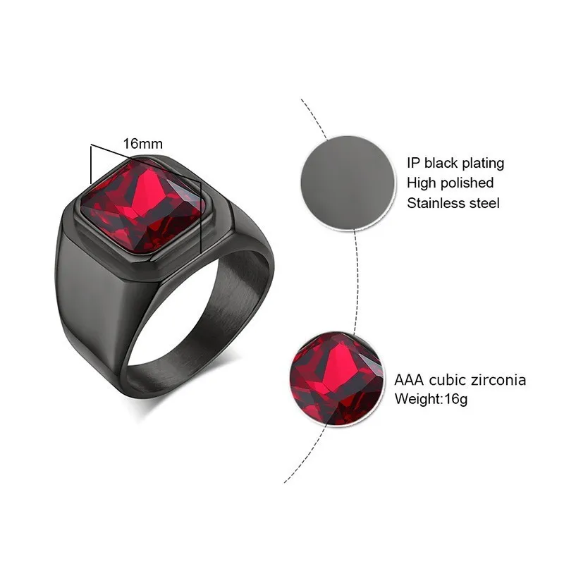 Vantage Black Stainless Steel Men's Signet Ring Square Red Zircon Stone Party Brands Fashion Male Classic Jewelry
