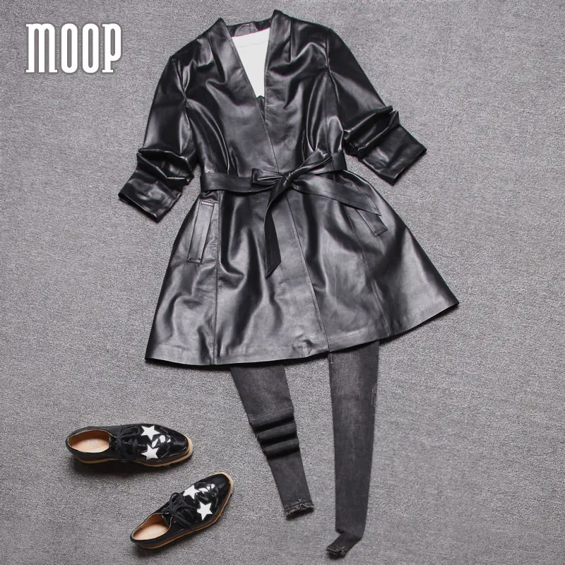 Черная Женская ветровка из натуральной овечьей кожи длинный Тренч с поясом LT184 |