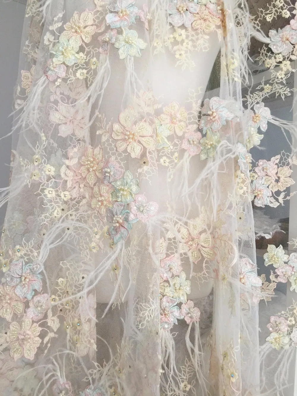 Роскошная 3D жемчужная бисерная кружевная ткань с перьями и Пастельной вышивкой