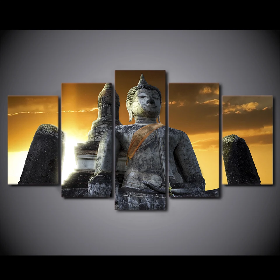 Home Decor Framework Canvas HD Prints Pictures Poster Wall Art 5 Pieces Huge Stone Buddha Statue Paintings For Living Room | Дом и сад