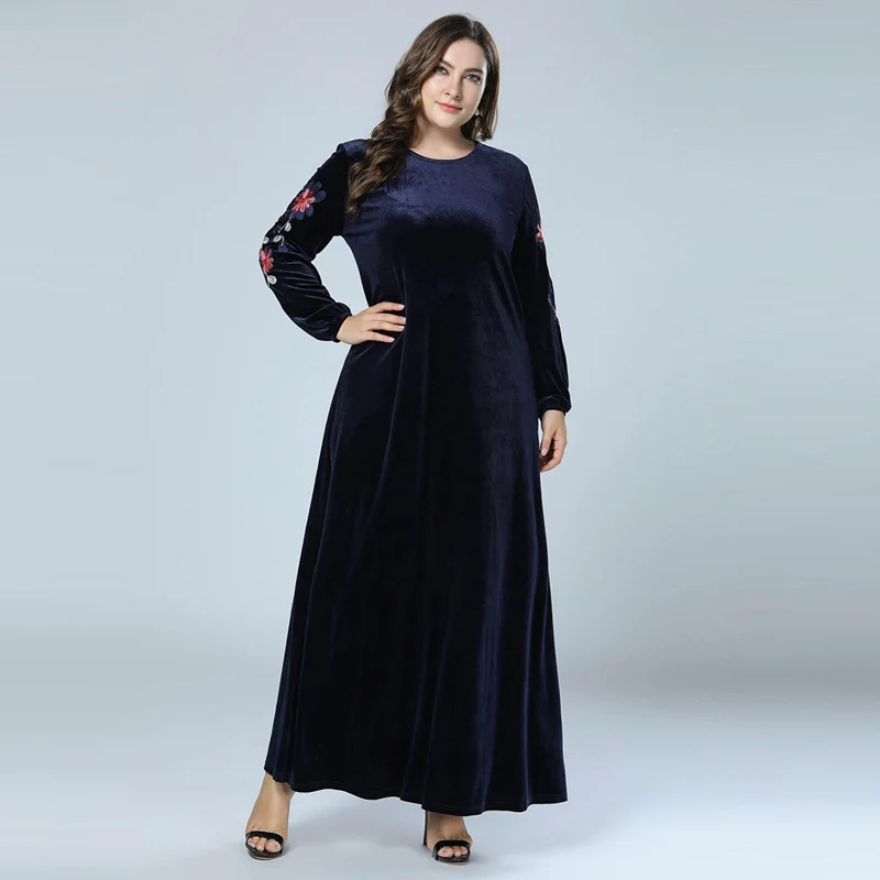 Осенне-зимнее женское бархатное мусульманское Макси-платье abaya, Дубай, абайя s, с длинным рукавом, кафтан, исламские платья, темно-синие, vestido, большие размеры