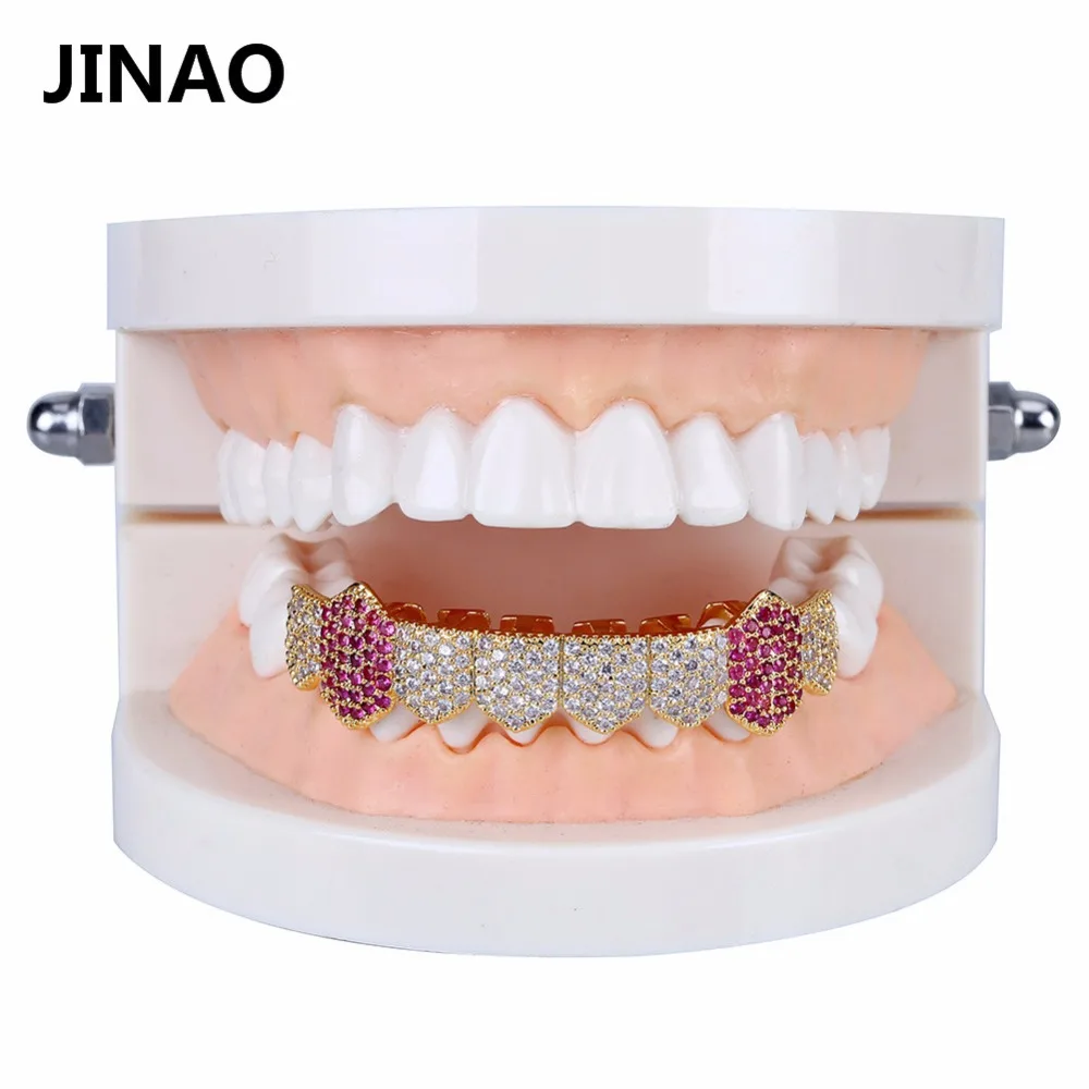 JINAO в стиле хип-хоп льдом Зубы вампира Grillz Gold посеребренный Micro Pave CZ камни только