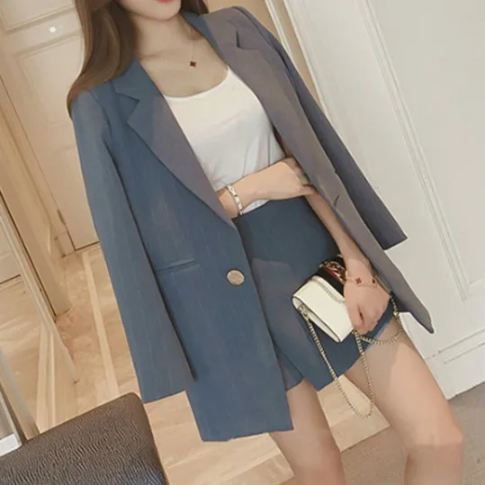 Весна Новая мода женские юбочные Костюмы полосатый Длинный блейзер 2 шт. для