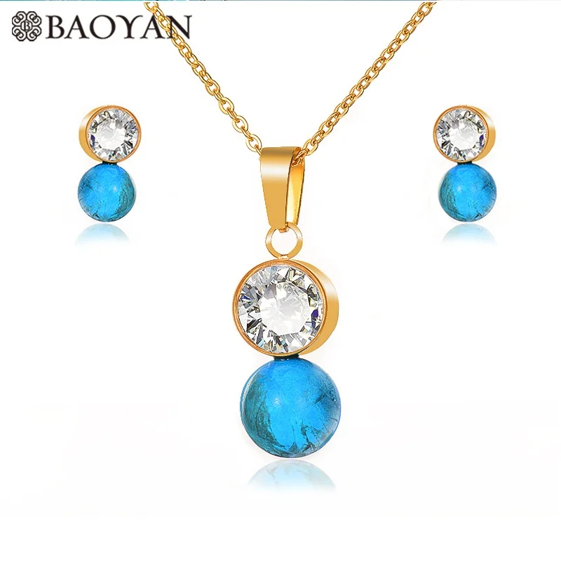 BAOYAN Элегантный Золотой Серебряный Chian 8 цветов круглая Хрустальная жемчужная подвеска женское ожерелье из нержавеющей стали ювелирный набор для женщин - Окраска металла: GOLD-BLUE