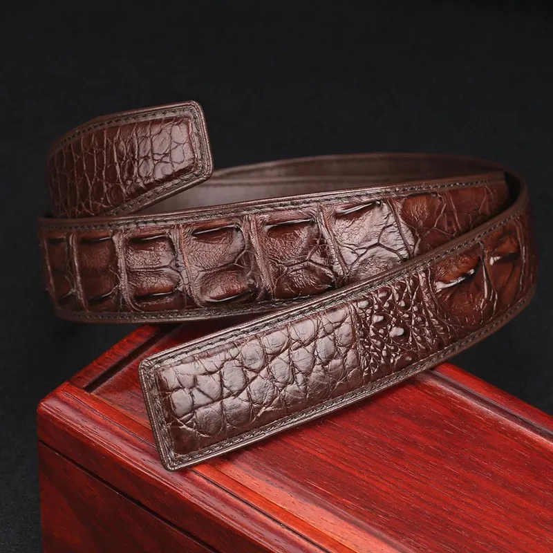 Brown Authentic Real Crocodile Head Skin Male Belt without Buckle Genuine Exotic Alligator Leather Belt Classical Men's Waist Strap - Color: Brown