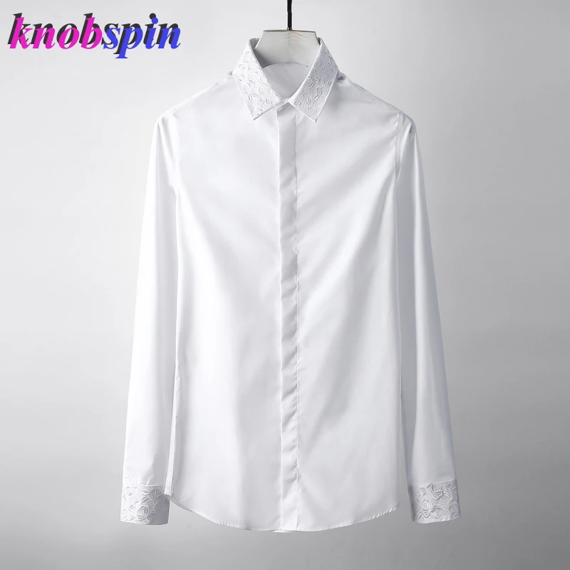 

2019 Classic Embroidery Collar Shirt men Long sleeve Slim Casual Chemise homme Solid color 80% Cotton Business male Dress Shirts