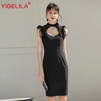yigelila latest spring fashion women high street a line solid lace knee length empire slim stand regular sleeve dress 64360