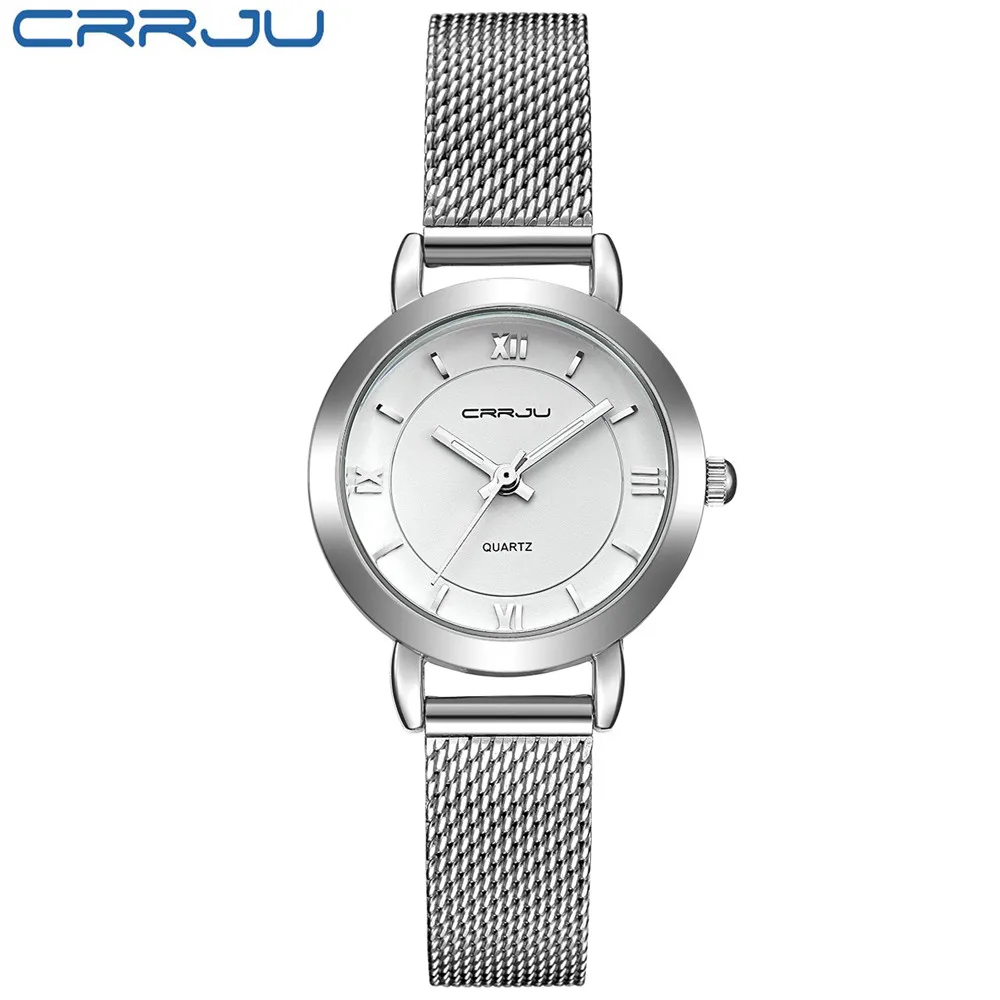 

New CRRJU Small Round Dial Woven Mesh Band Quartz Women Watch Famous Luxury Brand Simple Casual Ladies Wrist Watches For Women