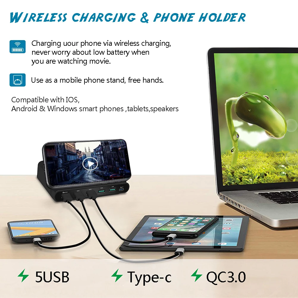 7 в 1 Беспроводное зарядное устройство QC 3 0 Quick Charge 5 USB портов Type C зарядная док