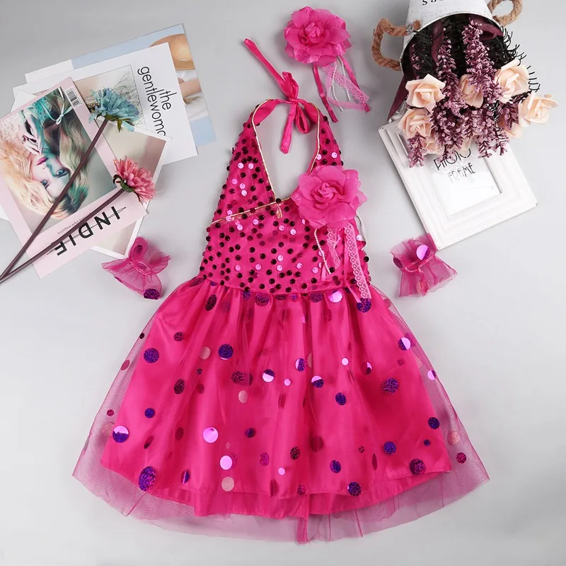 Set of 4 Kids Girls Sleeveless Halter Sequins Tulle Dress with Flower Brooch and Bracelet Outfits SZ 3-12Years | Детская одежда и