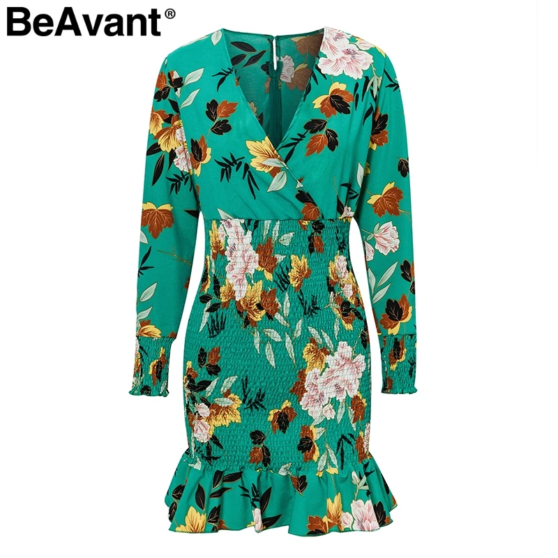 BeAvant зеленый цветочный принт boho Платье женское сексуальное с v-образным вырезом и