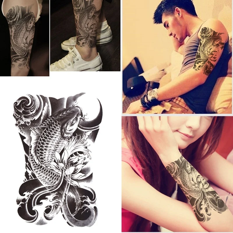 2PCS Female Black Fish Temporary Tattoo Waterproof Men Women Arm Sticker Fake Sleeve Body Shoulder | Красота и здоровье