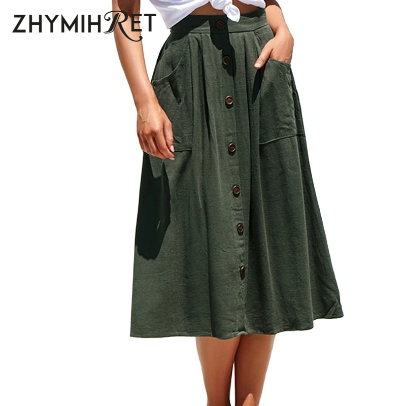 ZHYMIHRE 2019 новые богемные клепки хлопок миди юбка с карманами Повседневная