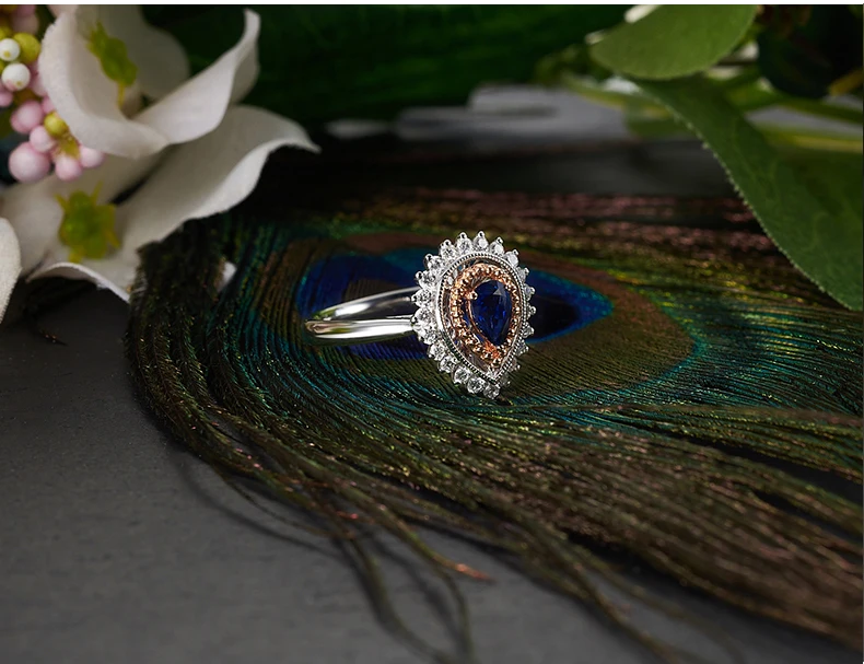JEWELLWANG Роскошный натуральный голубой сапфир 18 К кольцо из белого золота кольцо с настоящим алмазом для Для женщин белого золота с камнями-каплями воды Кольца с сапфиром