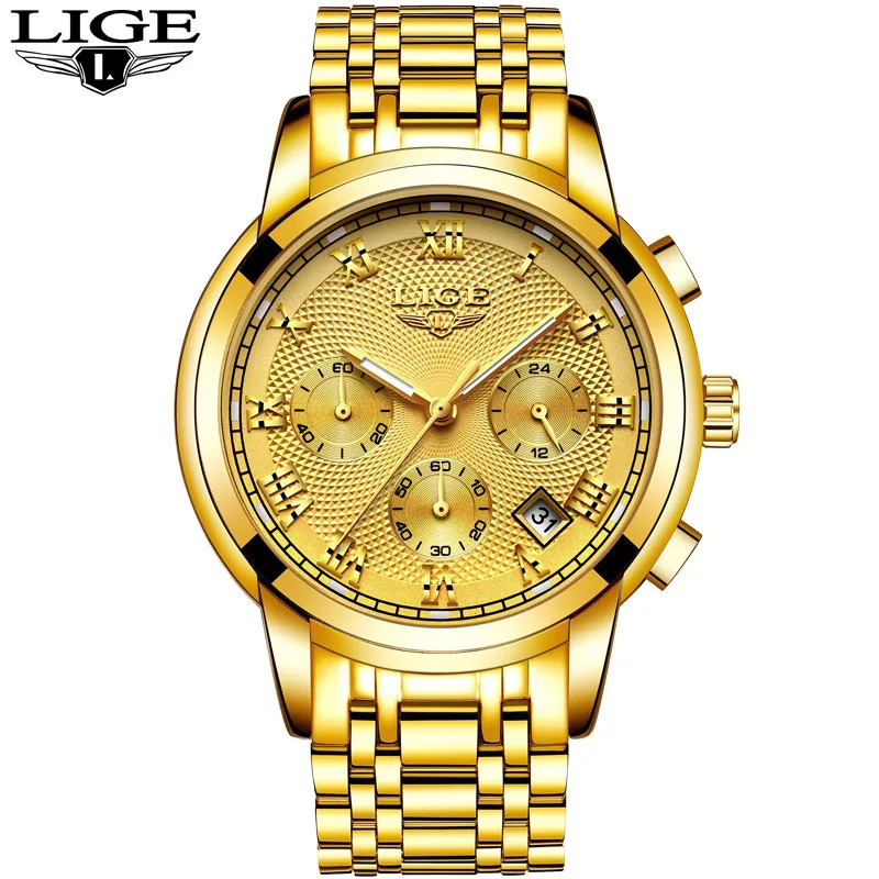 Relogio Masculino новые мужские часы люксовый бренд LIGE Хронограф Мужские спортивные часы водонепроницаемые полностью Стальные кварцевые мужские часы - Цвет: steel all yellow