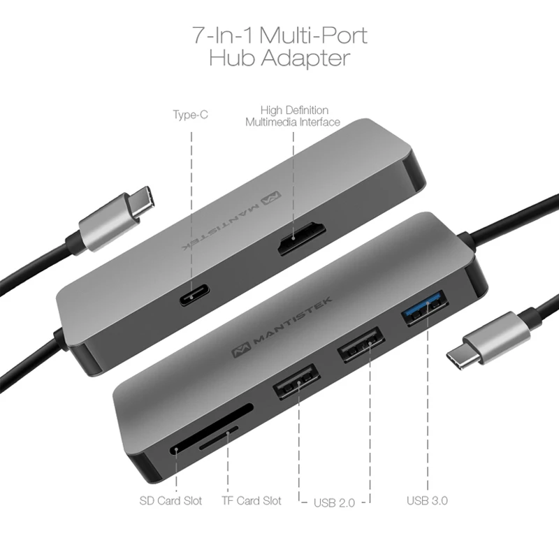 

MantisTek H3 7-In-One Type-C to USB 3.0 4K Display PD Charge USB Hub TF SD Card Reader Slot Type-C PD Charge DP-ATL Mode