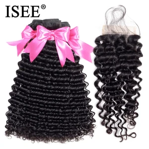 ISEE волосы глубокая волна пряди с закрытием Remy человеческие волосы пряди с закрытием натуральный цвет 3 пряди малазийские волосы с закрытием
