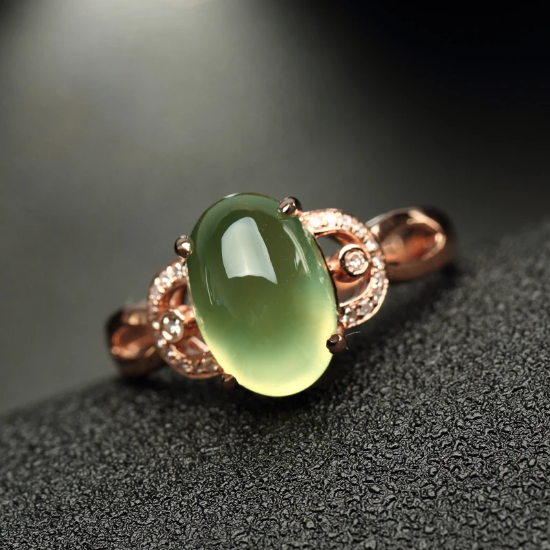 Natural Green prehnite 8*10mm Oval Shape 9k Rose Gold Ring set with Moissanite Accents Top quality Fine women's jewelry | Украшения и