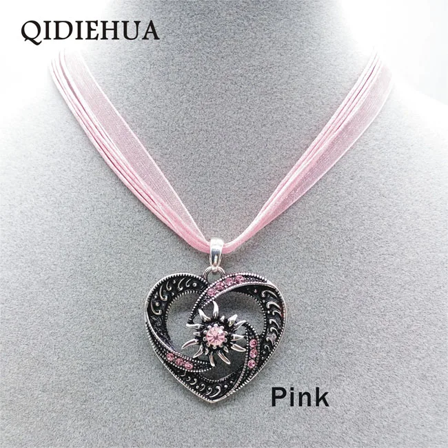 pink QIDIEHUA модное колье на веревочке в стиле бохо, античное серебряное ожерелье в форме сердца эдельвейса, Подвеска для женщин, блестящие разноцветные стразы, ожерелье - Окраска металла: pink