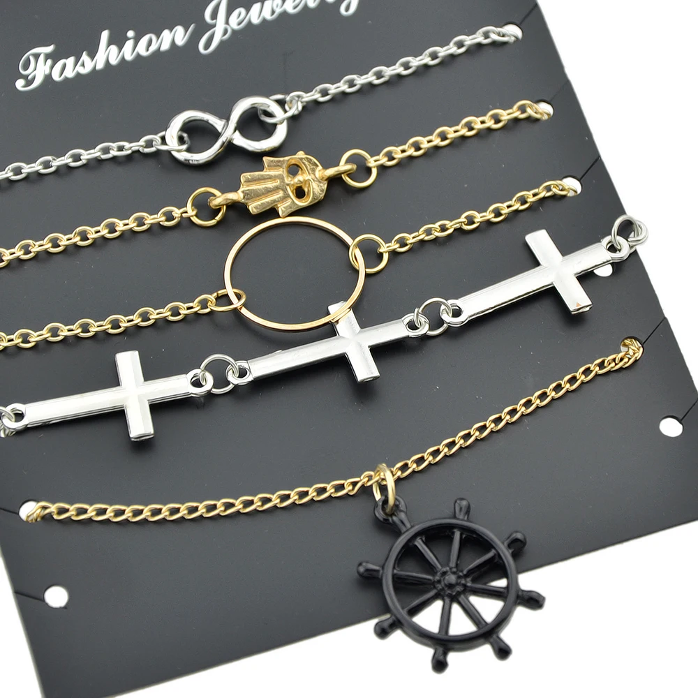 Kayshine 5 Pcs/Set Gold-Color Silver Color Link Chain Hand Cross Number Eight Rudder Circle Shape Charm Bracelet For Women | Украшения и