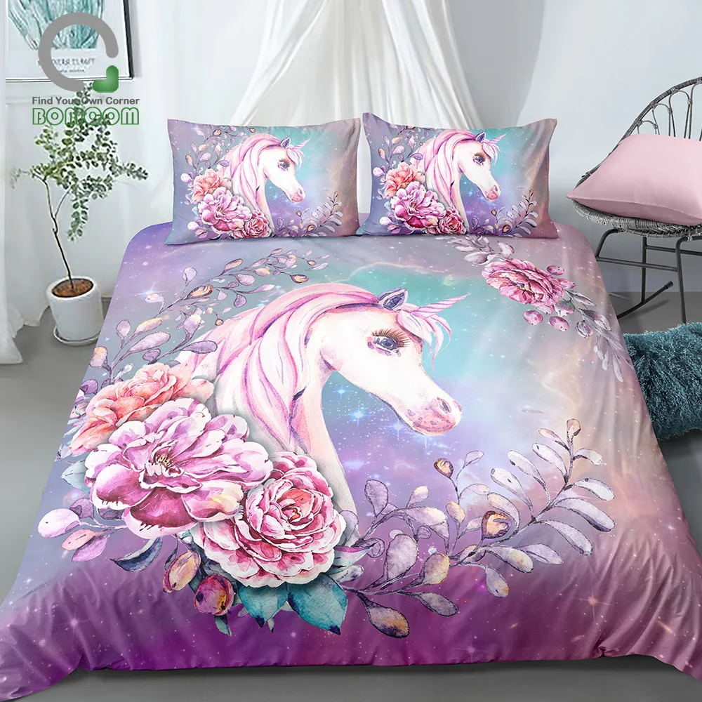 unicorn BOMCOM 3D цифровая печать галактика фон акварель рисованное цветочное постельное белье с изображением единорога набор микрофибра розовый - Цвет: unicorn