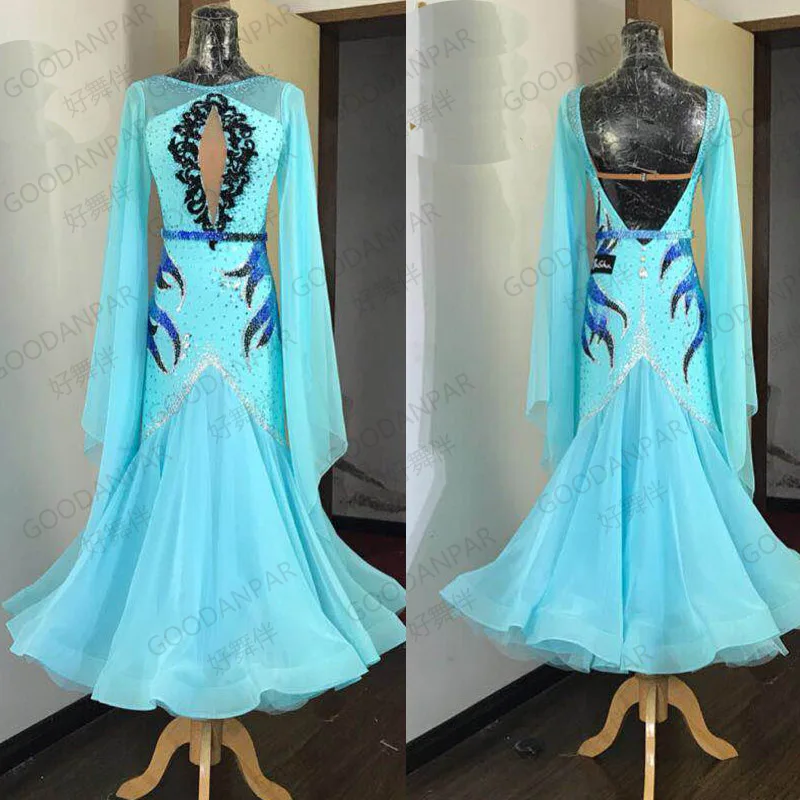 

GOODANPAR new women Standard Ballroom Dance Competition Dresses Lycra Tango Watlz Dress blue long sleeve ballroom skirt womens