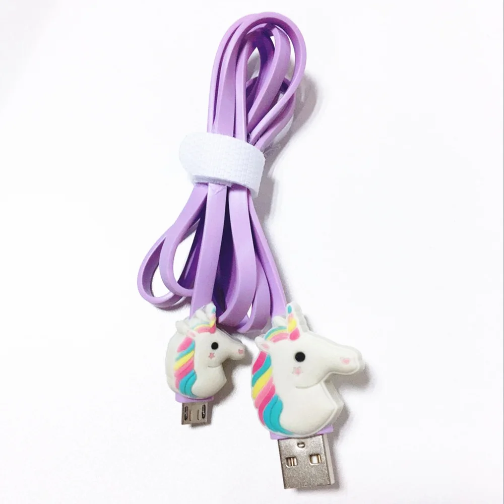 Милый Радужный Единорог мини USB кабель 1 метр микро Usb удлинительные кабели резиновая линия передачи данных фиолетовый цвет для Iphone смартфон