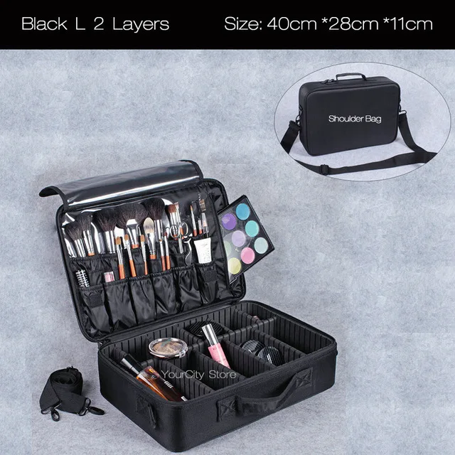 Black L 2 Layers Сумка для макияжа, коробка для макияжа, многослойная косметичка, водонепроницаемый, Оксфорд, профессиональный косметический Чехол, органайзер для макияжа, дорожные сумки для мытья - Цвет: Black L 2 Layers