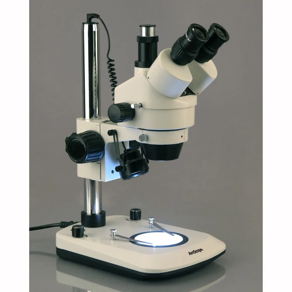 Тринокулярный стереомикроскоп AmScope новый светодиодный с двойной подсветкой 7X 45X 6