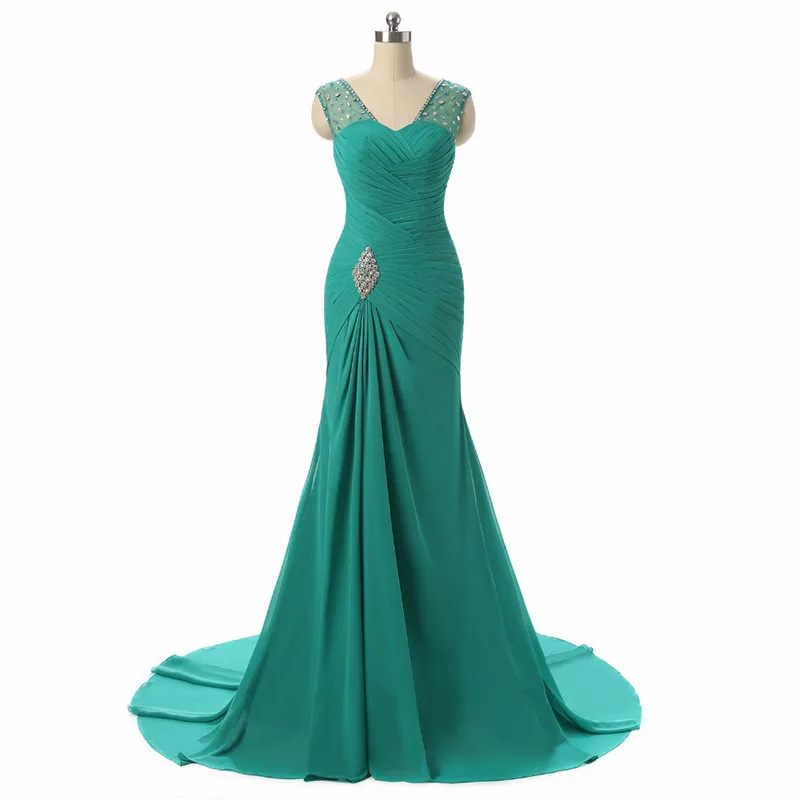 Элегантное Длинное платье для матери невесты платья Русалка V образным вырезом чашечки, рукава с бусинами и стразами зеленого цвета Вечеринка платье для свадьбы - Цвет: Зеленый