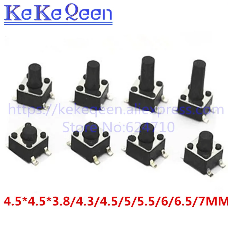 

20 шт./лот 4,5x4,5 кнопочный микропереключатель SMD 4pin 4,5x4,5x3,8/4,3/4,5/5.0/5,5/60/6,5/70 мм 4,5*4,5 микропереключатель