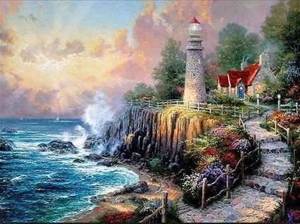 

Mosaic full laid Diamond cross stitch woods Seaside lighthouse tower cottage beads embroidery oil painting handwork kits sale