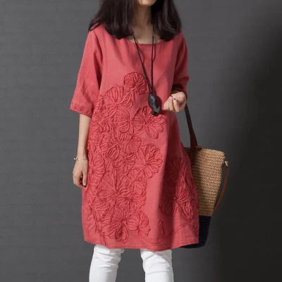 Vestido 2018 летнее китайское Стиль Для женщин с круглым вырезом свободные вышитые