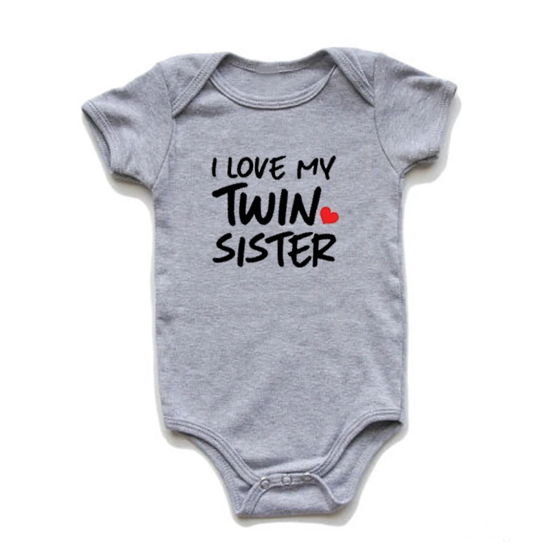 Twin Sister-Grey Shirty/хлопковый комбинезон для новорожденных мальчиков и девочек с короткими рукавами и надписью «I Love My Twin Sister»/«Brother», одежда для малышей - Цвет: Twin Sister-Grey